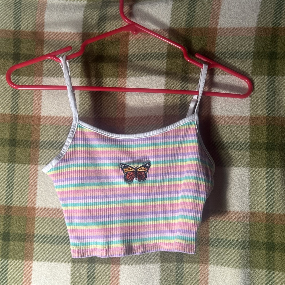 Striped Pastel Crop Top with Butterfly Patch